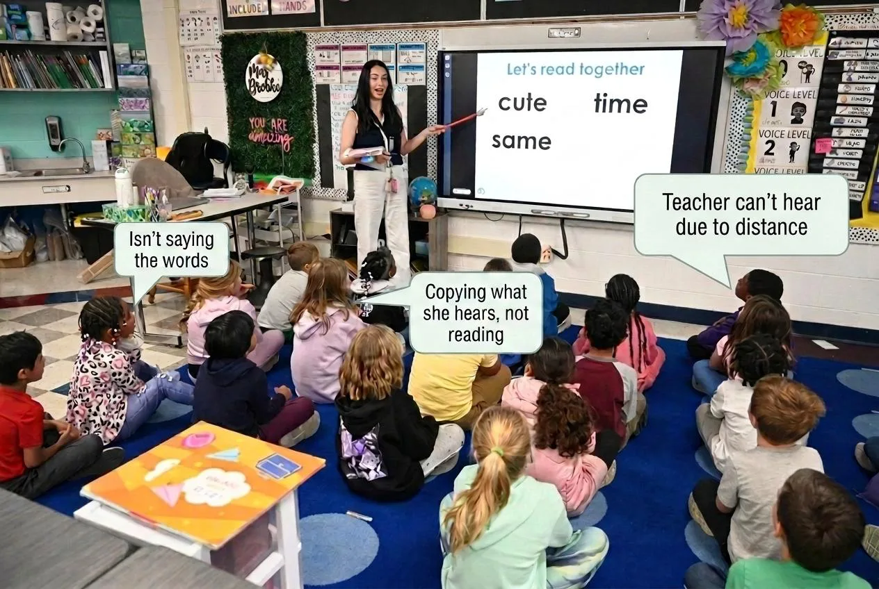 Whole-group reading lesson with notes: teacher can't hear due to distance, students copying what they hear and not saying the words