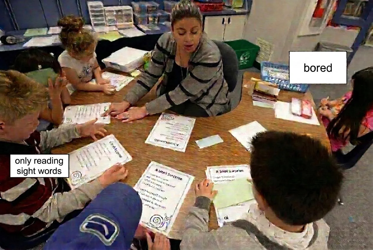 Small-group reading table with notes: students bored and only reading sight words