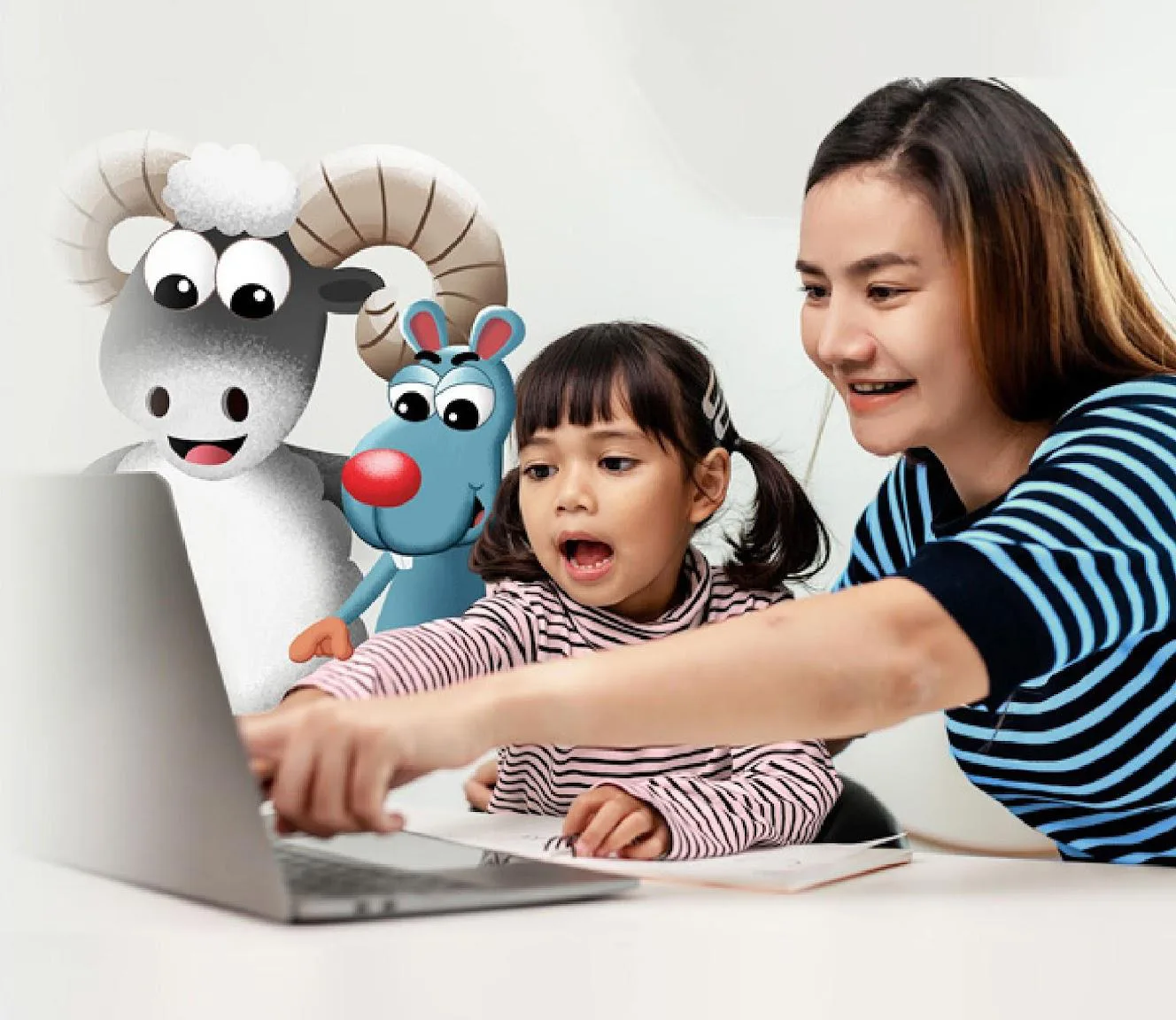 A parent and young child reading together on a laptop alongside Once's cartoon characters