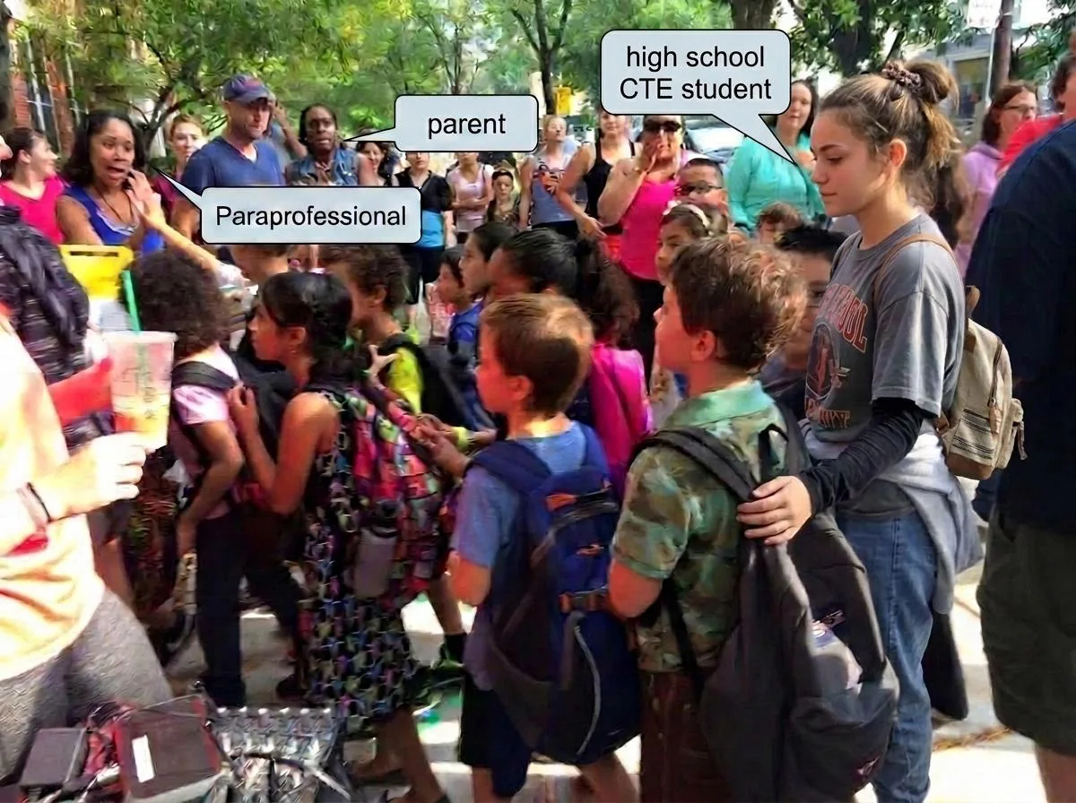 A crowd at a school event with a paraprofessional, a parent, and a high school CTE student labeled