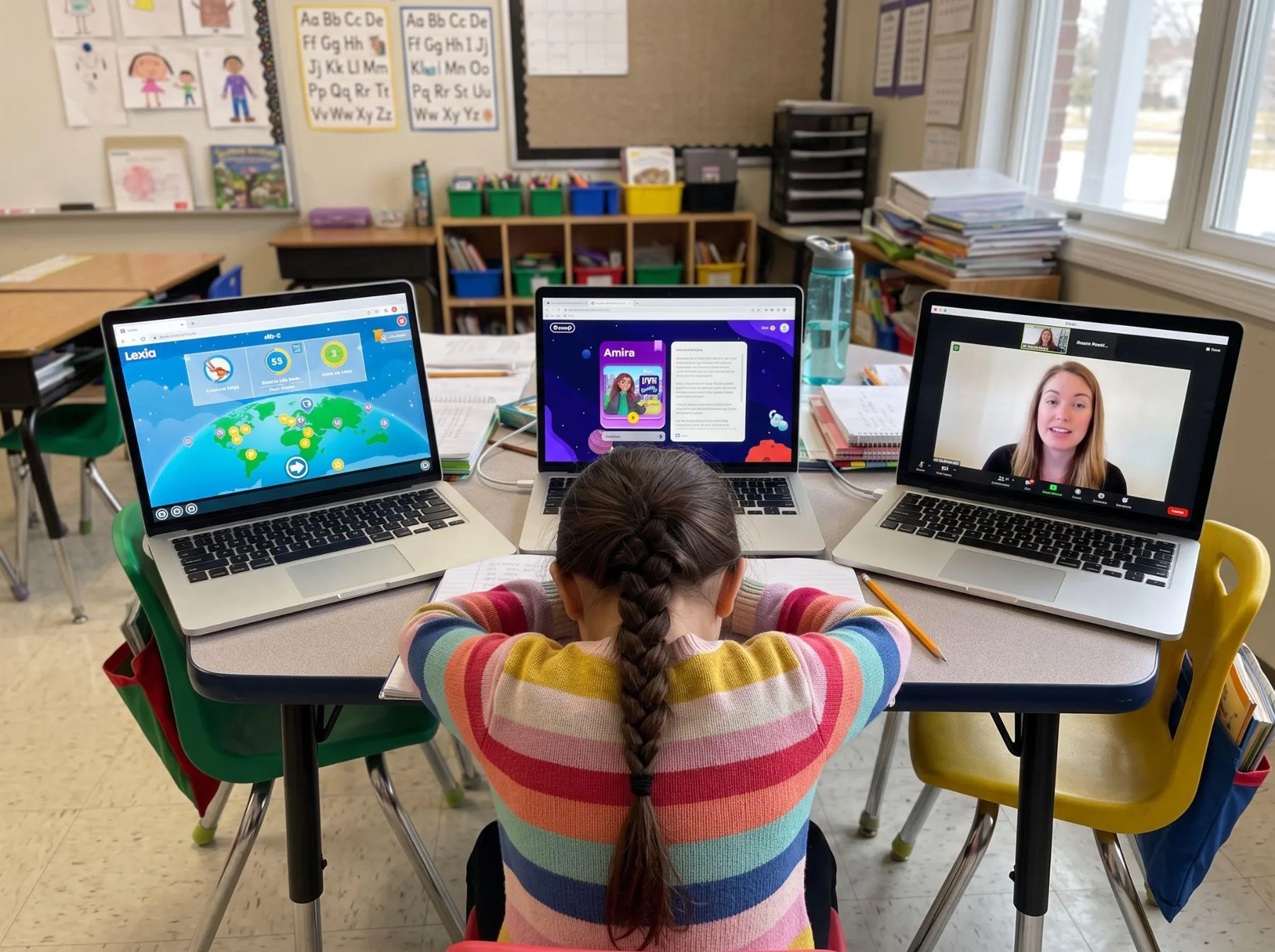 Young students sitting in front of laptops in a classroom, each working alone on a screen
