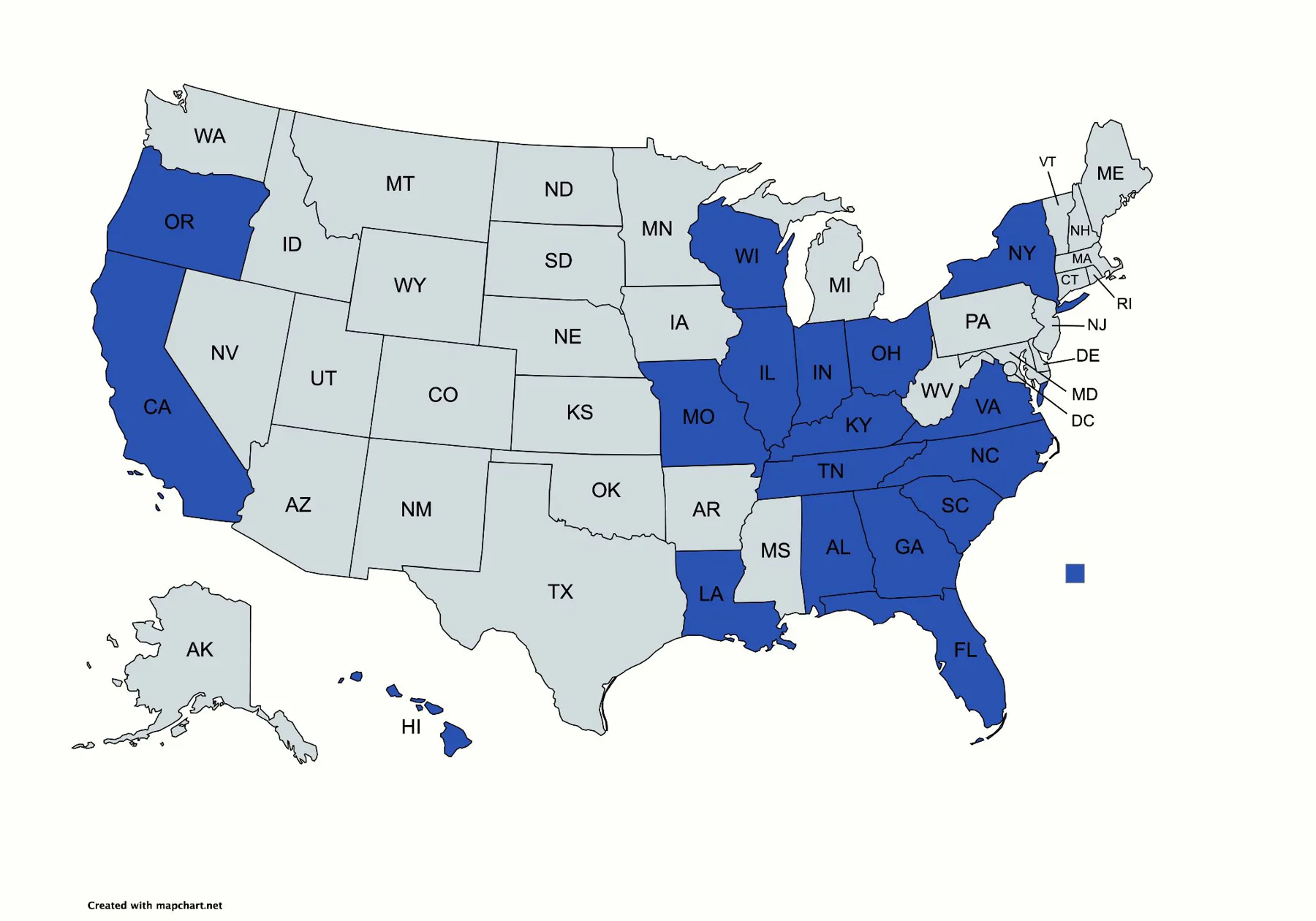 US map with the 20 states where Once serves students shaded in blue