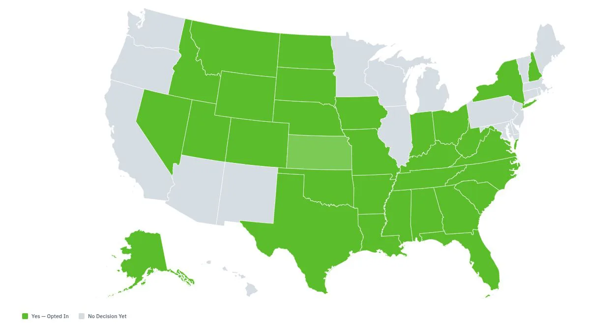 US map showing states where the Freedom Tax Credit program is available, shaded in green